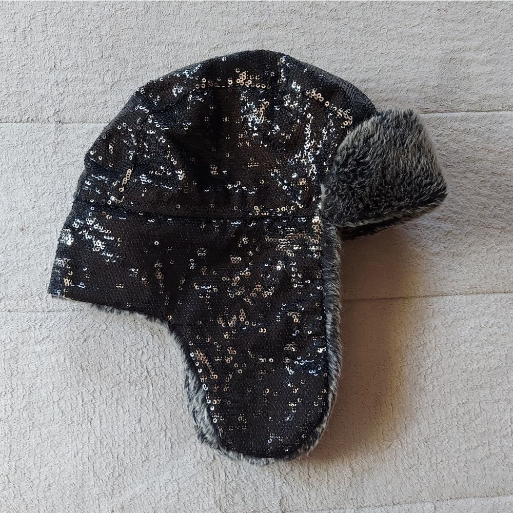 Toby Black Silver Sequin Trapper Hat Faux Fur  Kids Size 7-16